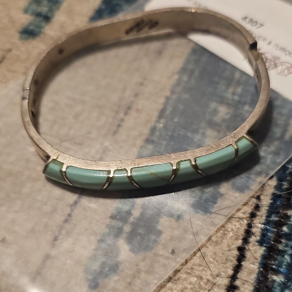 Sterling Silver 925 Turquoise Inlay Cuff Bracelet Southwestern Navajo Style